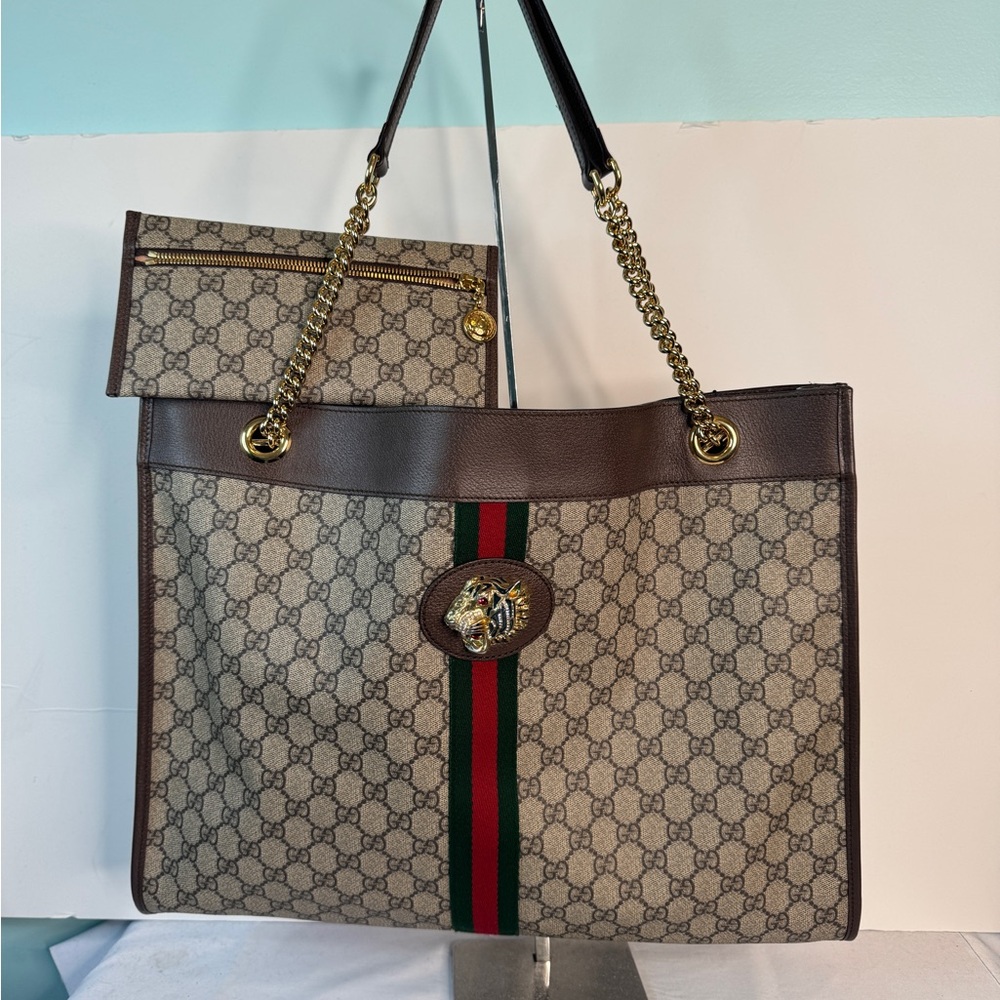 Gucci Rajah Tiger Large Tote Lion Beige Logo GG Bag Handbag Brown